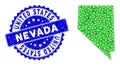 Rosette Rubber Badge and Green Vector Triangle Filled Nevada State Map mosaic