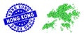 Rosette Rubber Stamp Seal and Green Vector Triangle Filled Hong Kong Map mosaic