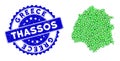 Rosette Scratched Badge And Green Vector Polygonal Thassos Greek Island Map mosaic