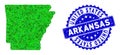 Rosette Scratched Seal Imprint with Green Vector Polygonal Arkansas State Map mosaic