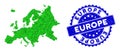 Rosette Scratched Seal Imprint With Green Vector Polygonal Europe Map mosaic