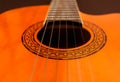 Rosette and strings of an acoustic guitar close up. Classical Spanish guitar. Musical instrument