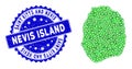 Rosette Textured Seal Imprint and Green Vector Lowpoly Nevis Island Map mosaic