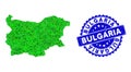 Rosette Textured Seal Imprint with Green Vector Triangle Filled Bulgaria Map mosaic