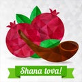 Rosh hashana greeting card, pomegranate and shofar