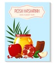 Rosh Hashana. Greeting card. Shana Tova. New year banner with honey, pomegranate, shofar, apple, palm. Happy New Year in Royalty Free Stock Photo