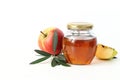 Rosh hashana, Jewish New Year greeting card, invitation. Traditional food still life composition with honey jar, apple