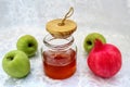 Rosh Hashana - Jewish New Year. Holiday concept: Honey, Pomegranate, Apple. Traditional Jewish holiday symbols, Honey and Fruits Royalty Free Stock Photo