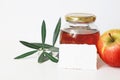 Rosh hashana, Jewish New Year traditional food still life composition. Blank greeting card mockup with honey jar, apple