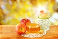 Rosh hashanah concept - apple honey and pomegranate over wooden table. Royalty Free Stock Photo