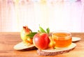 Rosh hashanah concept - apple honey and pomegranate over wooden table. Royalty Free Stock Photo