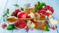 Rosh hashanah concept - honey, apples, pomegranate, symbols Royalty Free Stock Photo