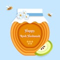 Rosh Hashanah greeting banner with symbols of Jewish New Year holiday honey, apple, paper flowers, and flying bees. Paper cut Royalty Free Stock Photo