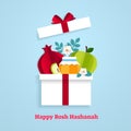 Rosh Hashanah greeting banner with symbols of Jewish New Year pomegranate, apple, honey and papper art flowers. Paper cut vector