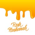 Rosh Hashanah hand lettering with liquid honey background. Jewish New Year holiday card.