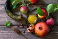 Rosh hashanah hashana - jewish new year holiday concept. Traditional symbols: honey, fresh apples, pomegranate and shofar Royalty Free Stock Photo