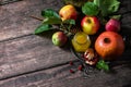 Rosh hashanah hashana - jewish new year holiday concept. Traditional symbols: honey, fresh apples, pomegranate and shofar Royalty Free Stock Photo