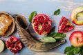 Rosh hashanah  Hashana - jewish New Year holiday concept. Traditional symbols: Honey jar and fresh apples with pomegranate and Royalty Free Stock Photo