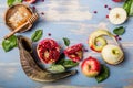 Rosh hashanah  Hashana - jewish New Year holiday concept. Traditional symbols: Honey jar and fresh apples with pomegranate and Royalty Free Stock Photo