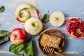 Rosh hashanah  Hashana - jewish New Year holiday concept. Traditional symbols: Honey jar and fresh apples with pomegranate and Royalty Free Stock Photo