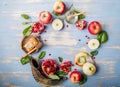 Rosh hashanah  Hashana - jewish New Year holiday concept. Traditional symbols: Honey jar and fresh apples with pomegranate and Royalty Free Stock Photo