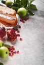 Rosh Hashanah. Honey jar, honeycomb, apple and pomegranate on gray old rustic concrete background table. Jewish New Year holiday g Royalty Free Stock Photo