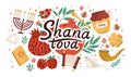 Rosh Hashanah horizontal background with Shana Tova inscription decorated by menorah, shofar horn, Torah, honey, apples