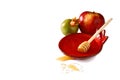 Rosh hashanah (jewesh holiday) concept - honey, apple and pomegranate isolated on white. traditional holiday symbols.