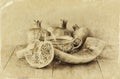 Rosh hashanah (jewesh holiday) concept - shofar, honey, apple and pomegranate over wooden table. traditional holiday symbols.