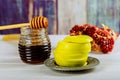 rosh hashanah jewesh holiday concept - shofar, torah book, honey, apple and pomegranate over wooden table