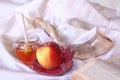 Rosh hashanah (jewesh holiday) concept - shofar, torah book, honey, apple and pomegranate over wooden table. traditional holiday Royalty Free Stock Photo