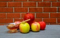 rosh hashanah jewesh holiday torah book, honey, apple and pomegranate over wooden table. traditional symbols. Royalty Free Stock Photo