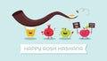 Rosh Hashanah Jewish holiday banner design with honey jar, apple and pomegranate funny cartoon characters holding shofar Royalty Free Stock Photo