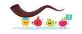 Rosh Hashanah Jewish holiday banner design with honey jar, apple and pomegranate funny cartoon characters holding shofar Royalty Free Stock Photo