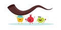 Rosh Hashanah Jewish holiday banner design with honey jar, apple and pomegranate funny cartoon characters holding shofar Royalty Free Stock Photo