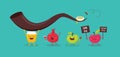 Rosh Hashanah Jewish holiday banner design with honey jar, apple and pomegranate funny cartoon characters holding shofar