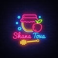 Rosh Hashanah jewish holiday neon banner design template. Happy Jewish New Year. Shana tova greeting card, neon sign Royalty Free Stock Photo