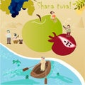 Rosh Hashanah jewish new year greeting card design with torah kids jews vector illustration. Jewish boys with shofar