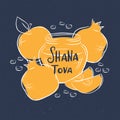 Rosh Hashanah Jewish new year holiday card with hand drawn lettering Shana Tova with outline apple, honey and