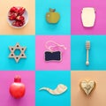 Rosh hashanah jewish New Year holiday collage concept. Traditional symbols