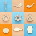 Rosh hashanah jewish New Year holiday collage concept. Traditional symbols