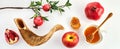 Rosh hashanah, jewish New Year holiday concept. Pomegranate, apples and honey traditional products for celebration Royalty Free Stock Photo