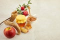 Rosh hashanah, jewish New Year holiday concept. Pomegranate, apples and honey traditional products for celebration Royalty Free Stock Photo