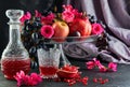 Rosh hashanah - jewish New Year holiday concept. Still life of fresh autumn fruits and pomegranate juice in a decanter and a glass Royalty Free Stock Photo