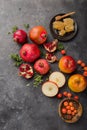 Rosh hashanah - jewish New Year holiday concept. Traditional symbols: Honey jar and fresh apples with pomegranate and shofar -horn Royalty Free Stock Photo