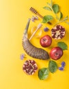 Rosh hashanah - jewish New Year holiday concept. Traditional symbols: Honey jar and fresh apples with pomegranate and shofar -horn Royalty Free Stock Photo