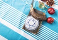 Rosh hashanah - jewish New Year holiday concept. Traditional symbols: Honey jar and fresh apples with pomegranate and shofar -horn Royalty Free Stock Photo