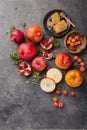 Rosh hashanah - jewish New Year holiday concept. Traditional symbols: Honey jar and fresh apples with pomegranate and shofar -horn Royalty Free Stock Photo