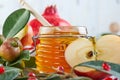 Rosh hashanah - jewish New Year holiday concept. Traditional symbols: Honey jar and fresh apples with pomegranate on white wooden Royalty Free Stock Photo