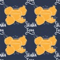 Rosh Hashanah Jewish new year holiday seamless pattern with hand drawn lettering Shana Tova and outline apple, honey and Royalty Free Stock Photo